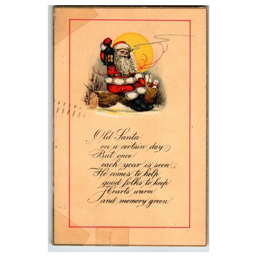 Old Santa Claus Lantern Presents Christmas Poem Postcard 1925 Posted